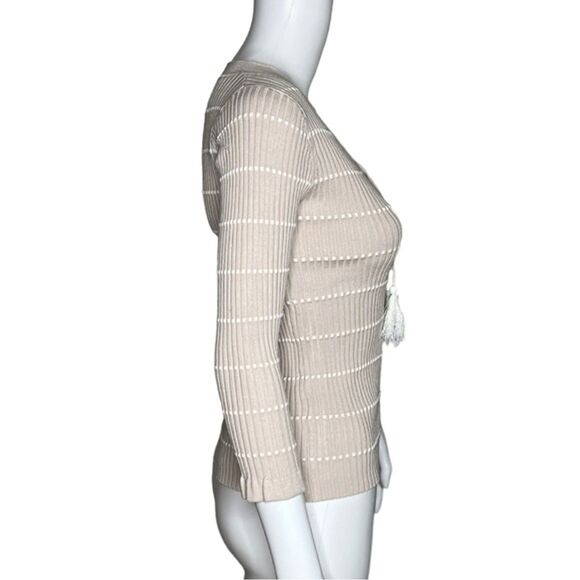 Heartloom Sweater Women XS Buff Beige Lace Up Ribbed Knit Tassel Tie Boho Casual - Picture 2 of 7